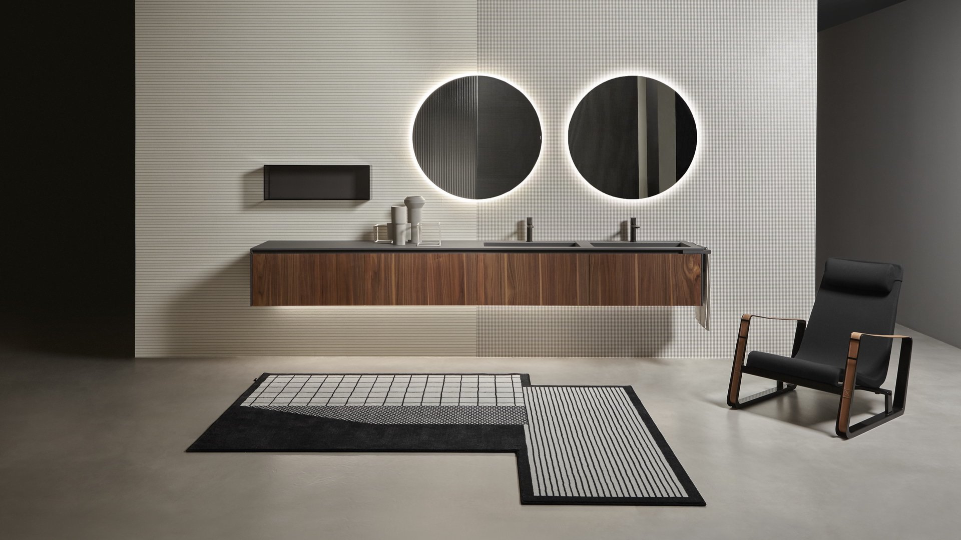 Meuble de salle de bain Antonio Lupi Piana avec double vasque et miroirs ronds lumineux