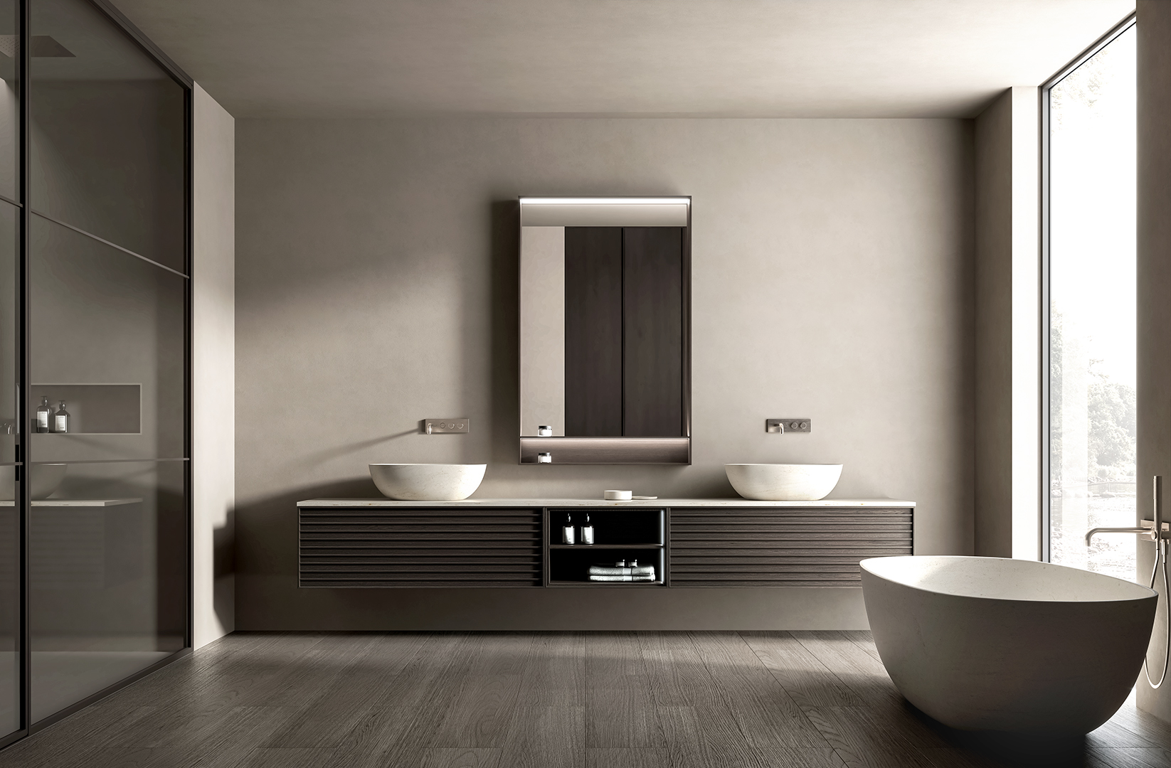 Meuble Stockholm avec double vasque et miroir rectangulaire rétroéclairé