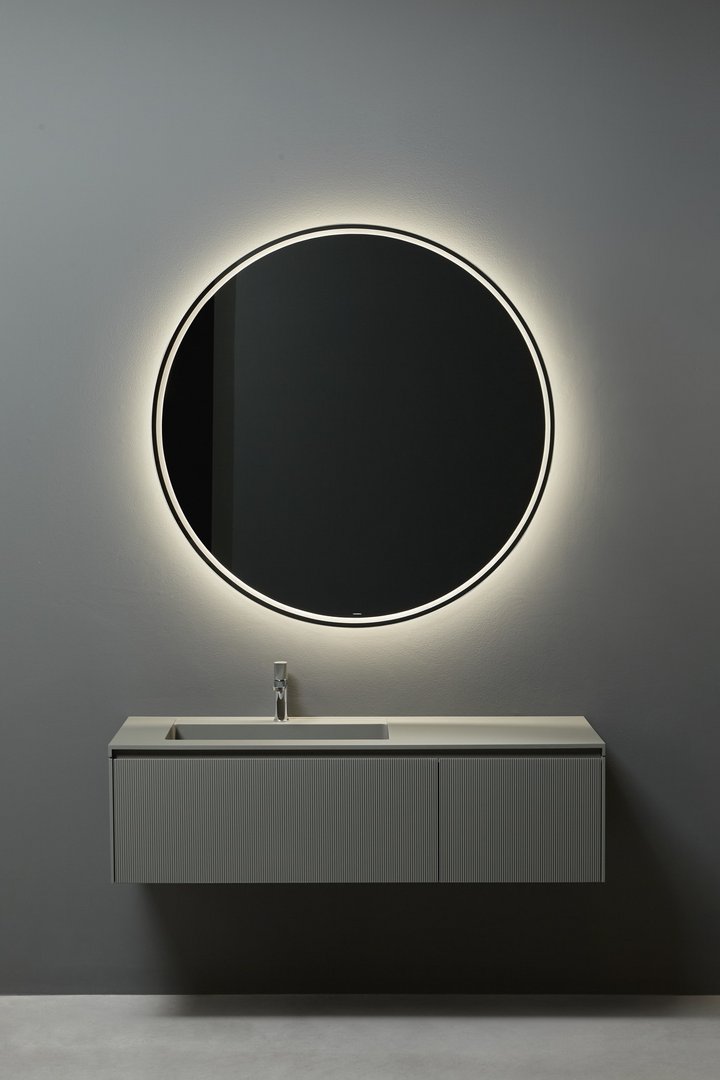Meuble suspendu avec miroir rond rétroéclairé et vasque intégrée